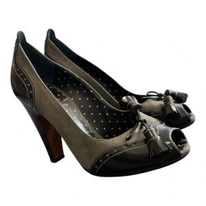 Moschino Italy Black & Gray Suede Leather Peep Toe Pumps Women’s Size 6.5